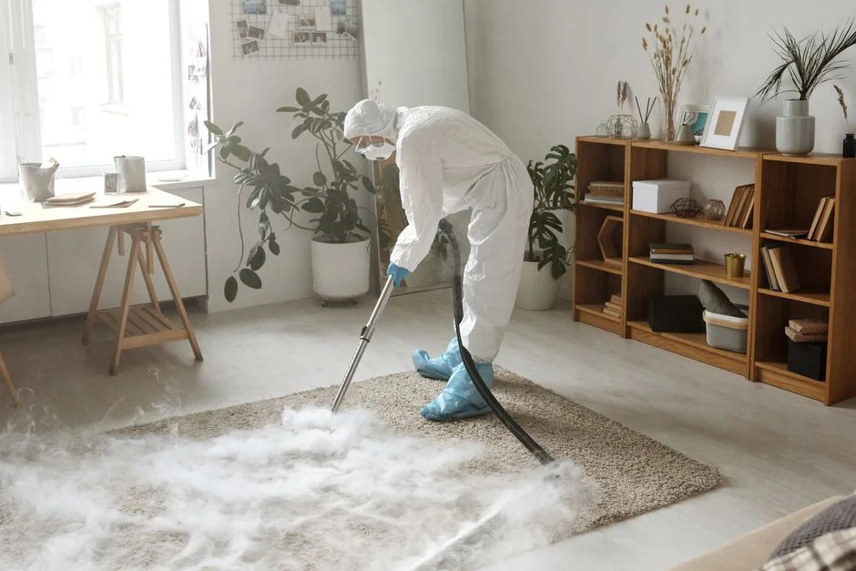 creative-03 Une personne entièrement équipée d'un matériel de protection fumige une pièce afin d'assurer sa stérilisation contre les virus.